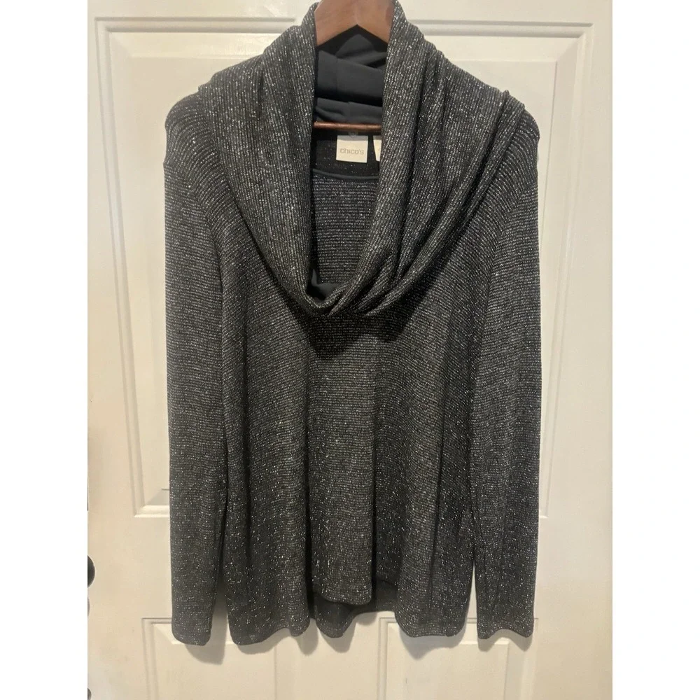 Chico's Sweater Black Metallic Cowl Neck Knit Long Removable Pullover  Women's L